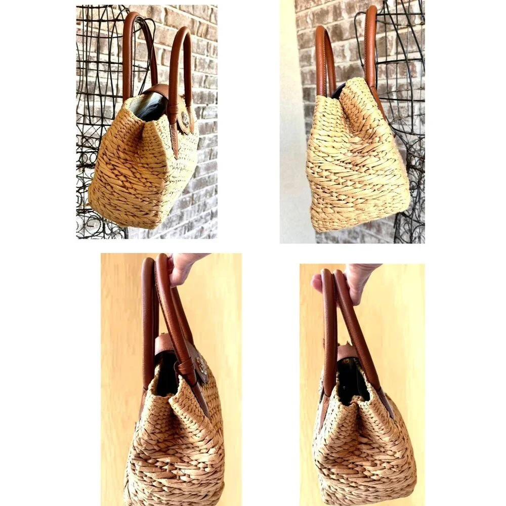 Brighton Interlok Dune Straw Leather Satchel Handbag Purse Double Handle Pocket